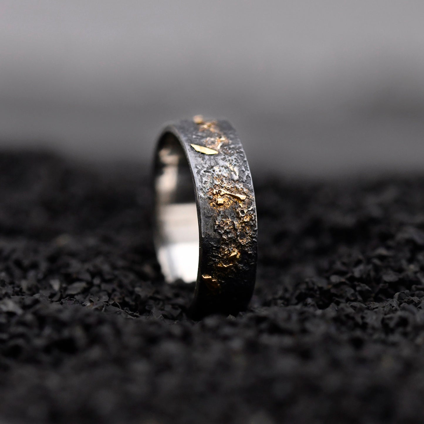 Black Silver & Solid 18k Gold Fusing Lava Rustic Engagement Ring 6MM for Mens Promise and Viking Wedding, Hand Forged Ring,Chunky ring