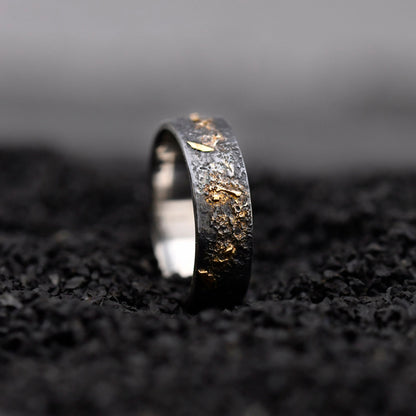 Black Silver & Solid 18k Gold Fusing Lava Rustic Engagement Ring 6MM for Mens Promise and Viking Wedding, Hand Forged Ring,Chunky ring