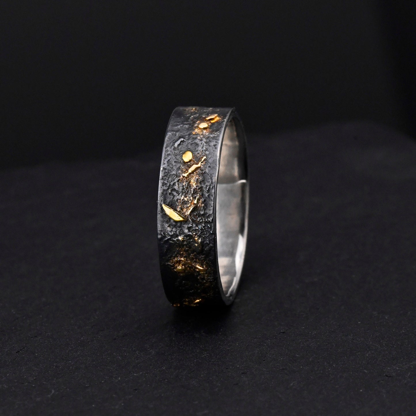 Black Silver & Solid 18k Gold Fusing Lava Rustic Engagement Ring 6MM for Mens Promise and Viking Wedding, Hand Forged Ring,Chunky ring