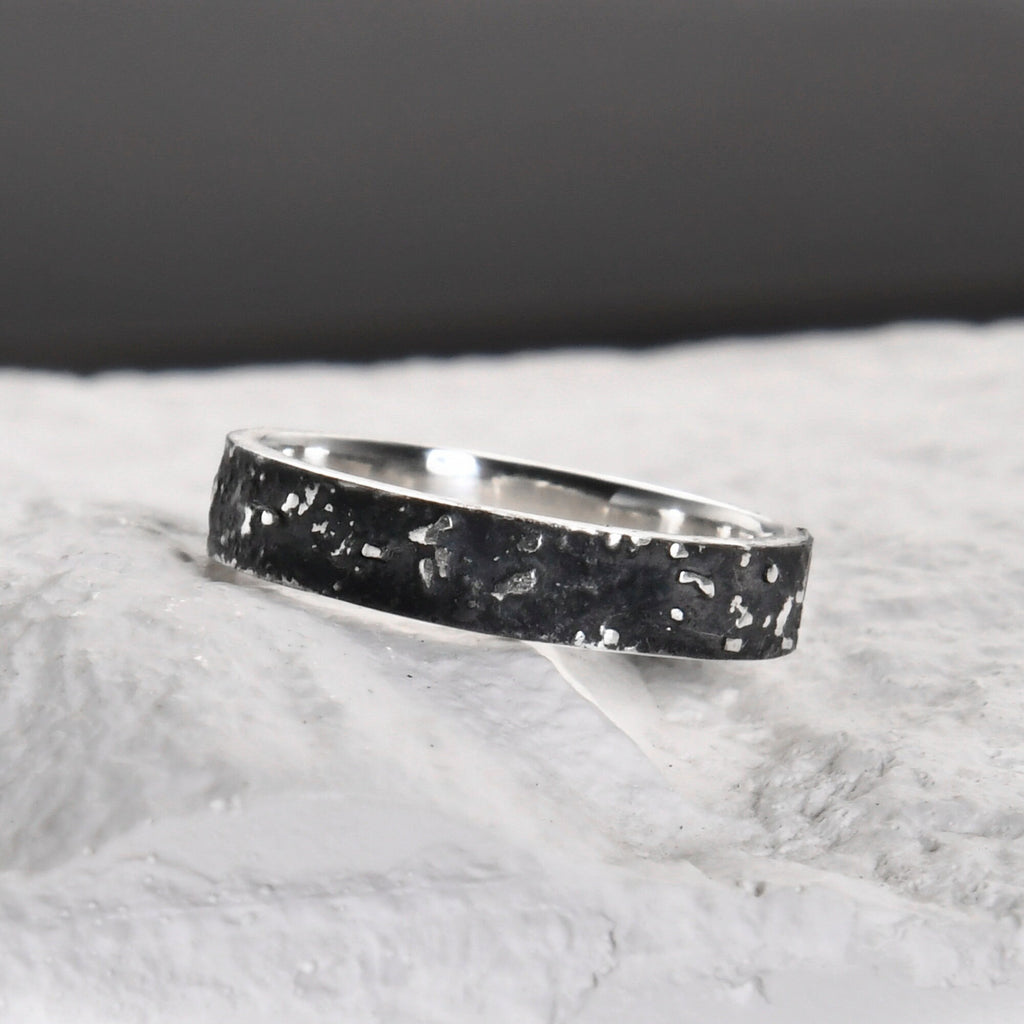 Silver Fusing Lava Galaxy Ring 4MM Gunmetal Grey Rustic Fusing Celestial Band Engraved Galaxy and Star Design
