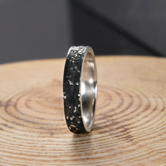 Silver Fusing Lava Galaxy Ring 4MM Gunmetal Grey Rustic Fusing Celestial Band Engraved Galaxy and Star Design