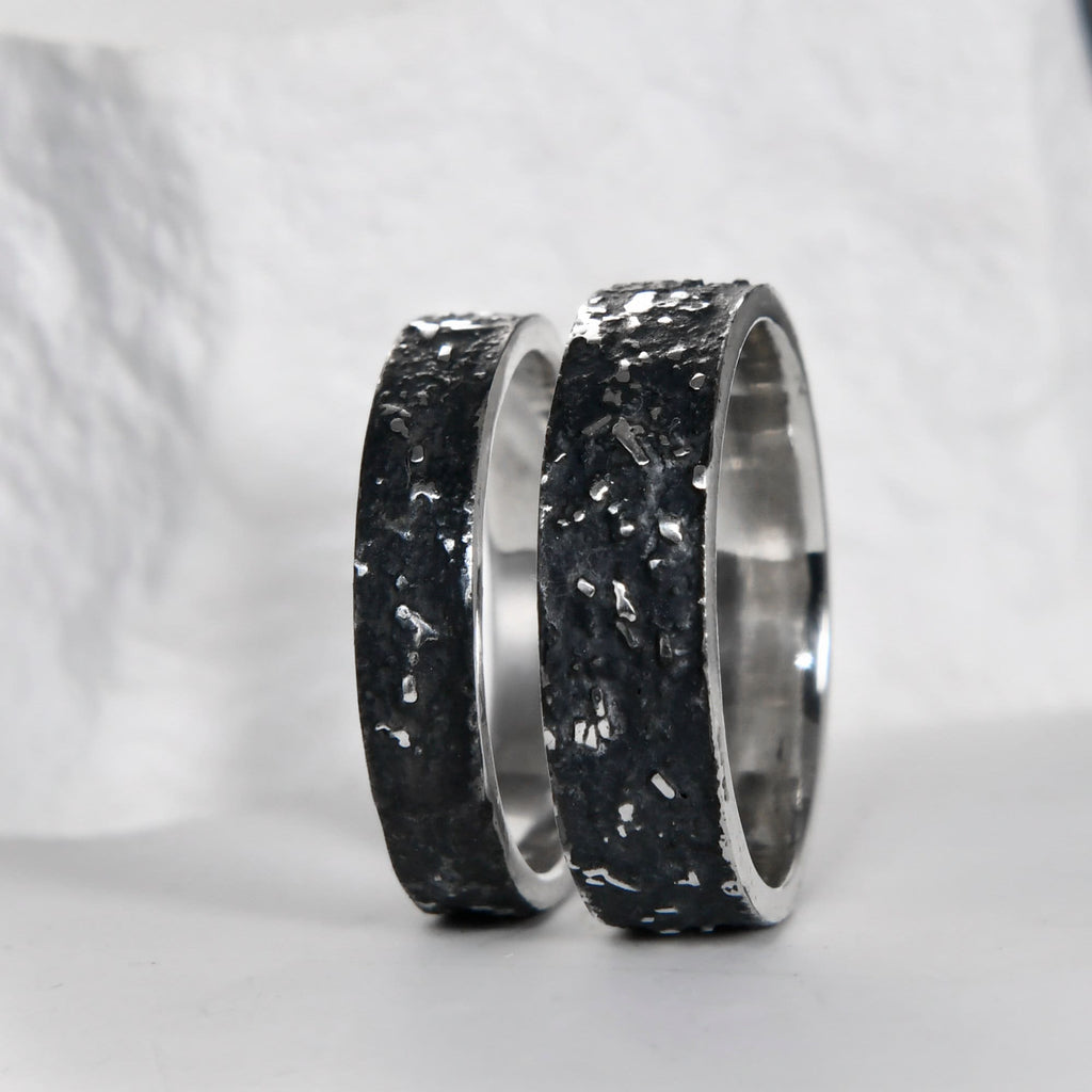 Silver Fusing Lava Galaxy Ring 4MM Gunmetal Grey Rustic Fusing Celestial Band Engraved Galaxy and Star Design
