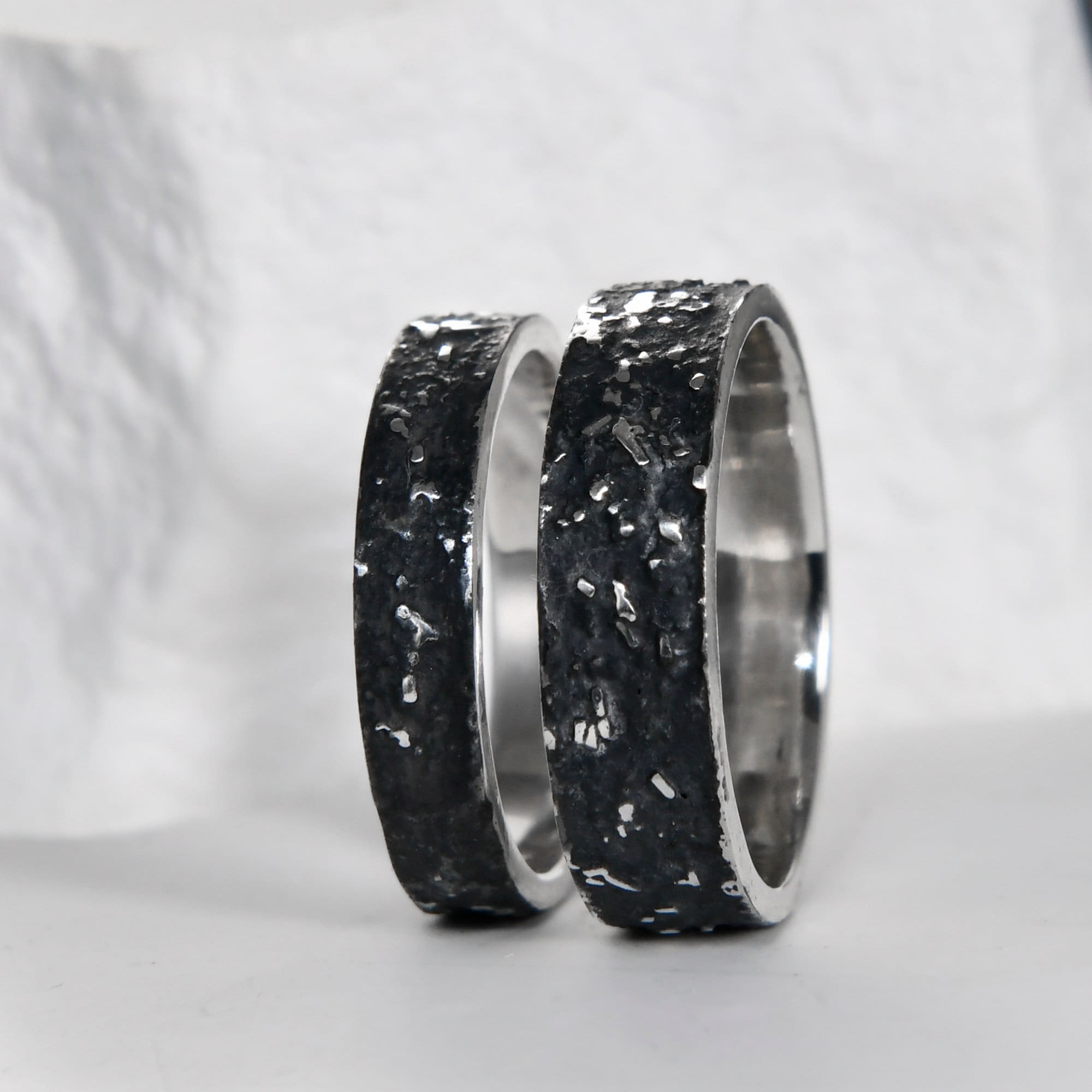Silver Fusing Lava Galaxy Ring 4MM Gunmetal Grey Rustic Fusing Celestial Band Engraved Galaxy and Star Design