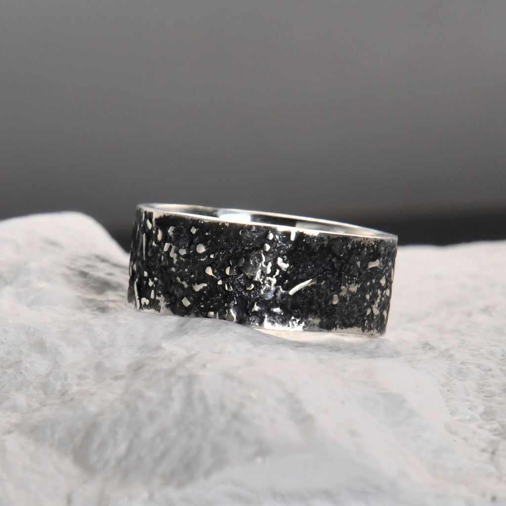 Silver Fusing Lava Galaxy Ring 8MM Gunmetal Grey Rustic Fusing Celestial Band Engraved Galaxy and Star Design