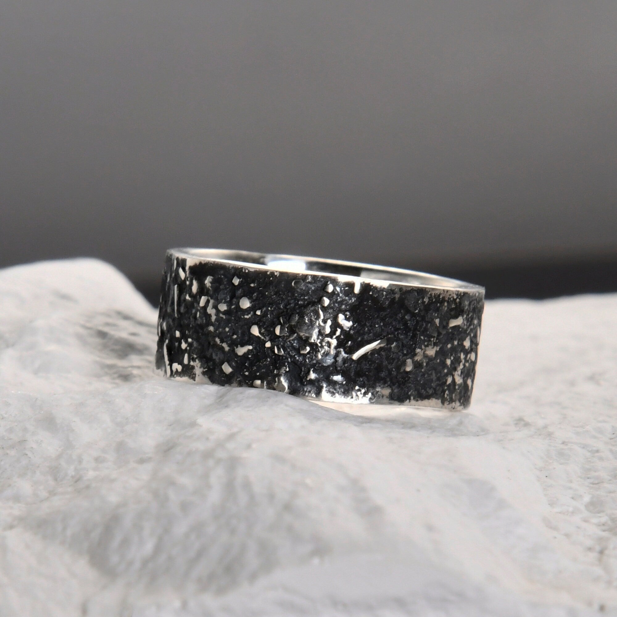 Silver Fusing Lava Galaxy Ring 8MM Gunmetal Grey Rustic Fusing Celestial Band Engraved Galaxy and Star Design