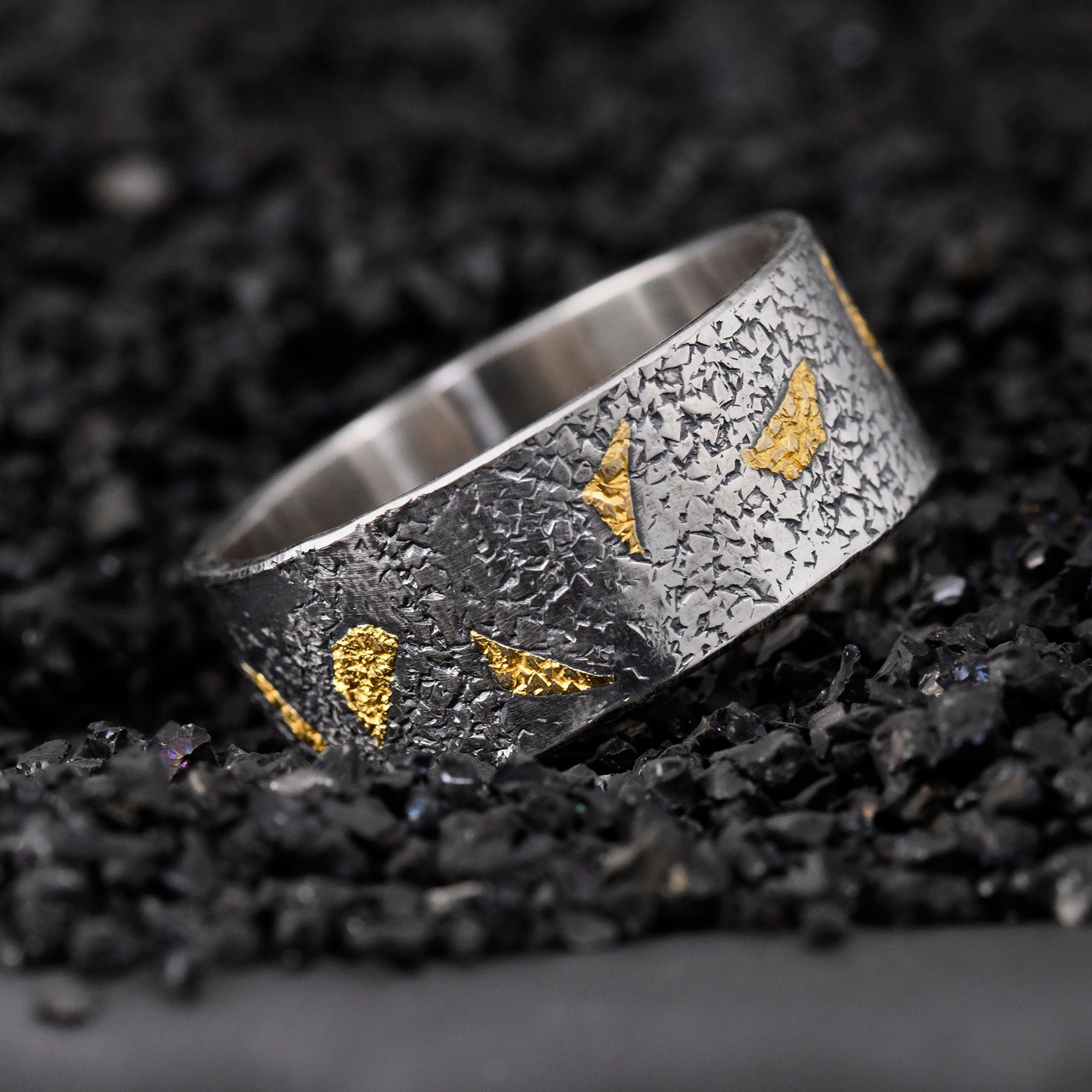 Personalized Black Silver gold leaf Rustic Engagement Ring, Mens Promise Ring, Hand Forged Ring, Viking Wedding Band, Chunky ring