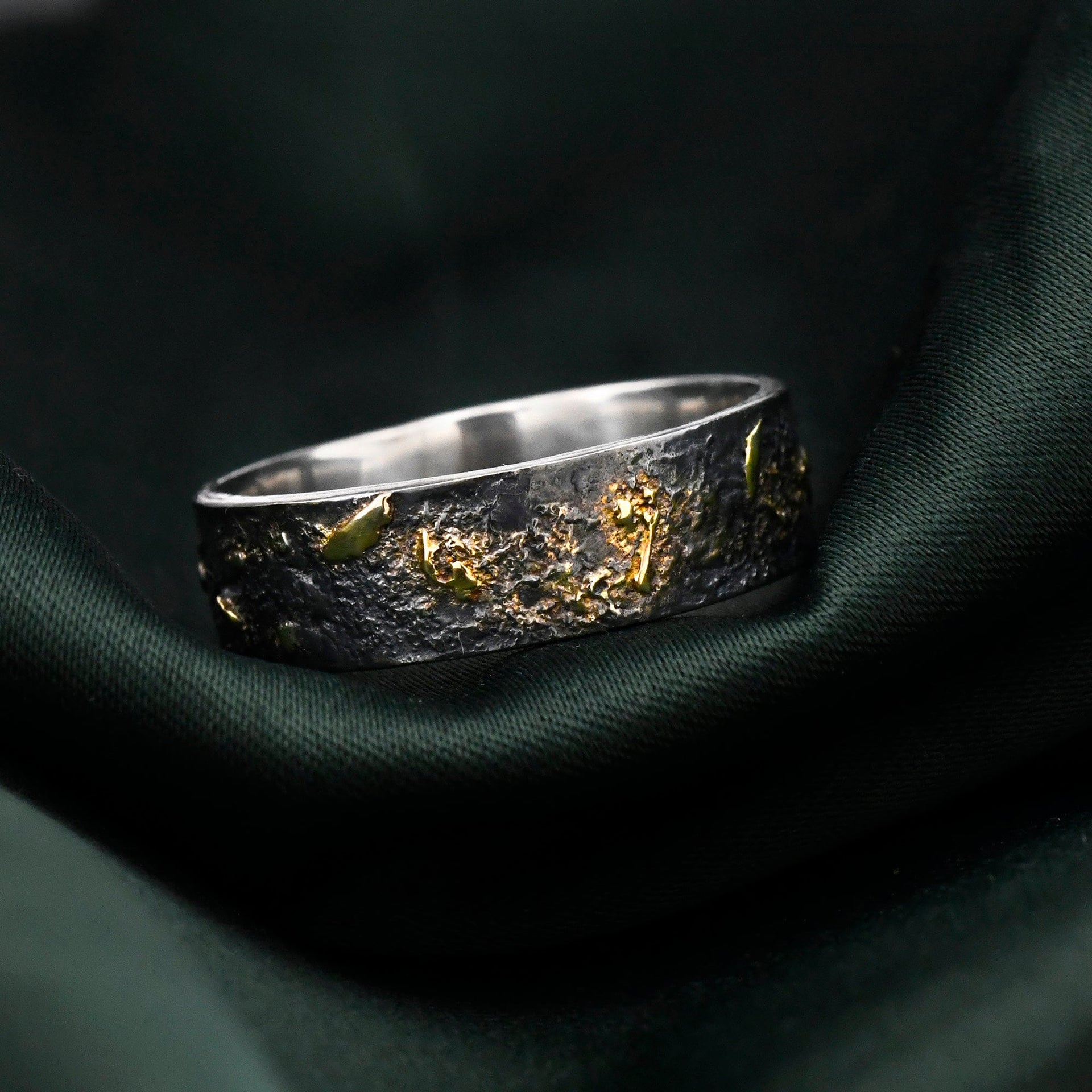 Black Silver & Solid 18k Gold Fusing Lava Rustic Ring for Couple ring set, Promise and Viking Wedding Band, Hand Forged Ring,Chunky ring