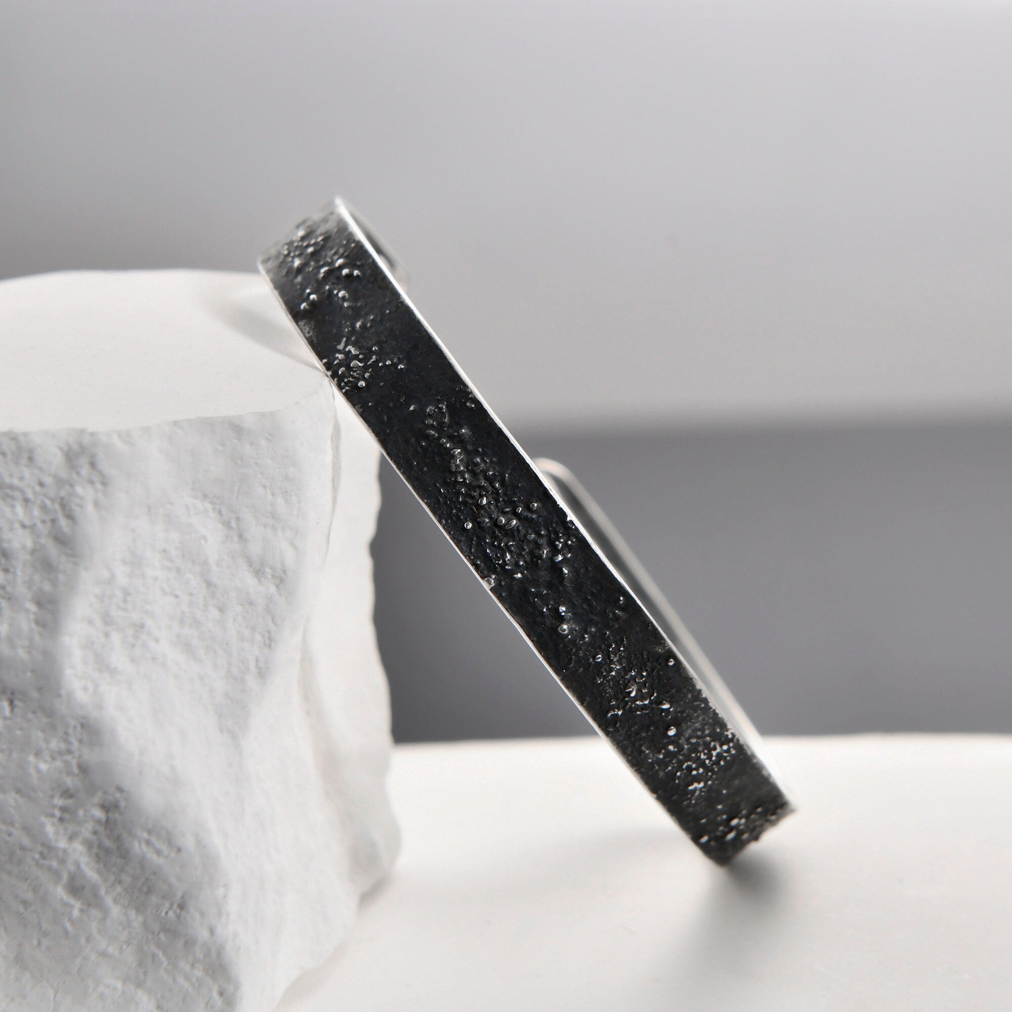 Silver Fusing Lava Galaxy Cuff Bracelet 8MM Adjustable Gunmetal Grey Rustic Fusing Celestial Band Engraved Galaxy and Star Design