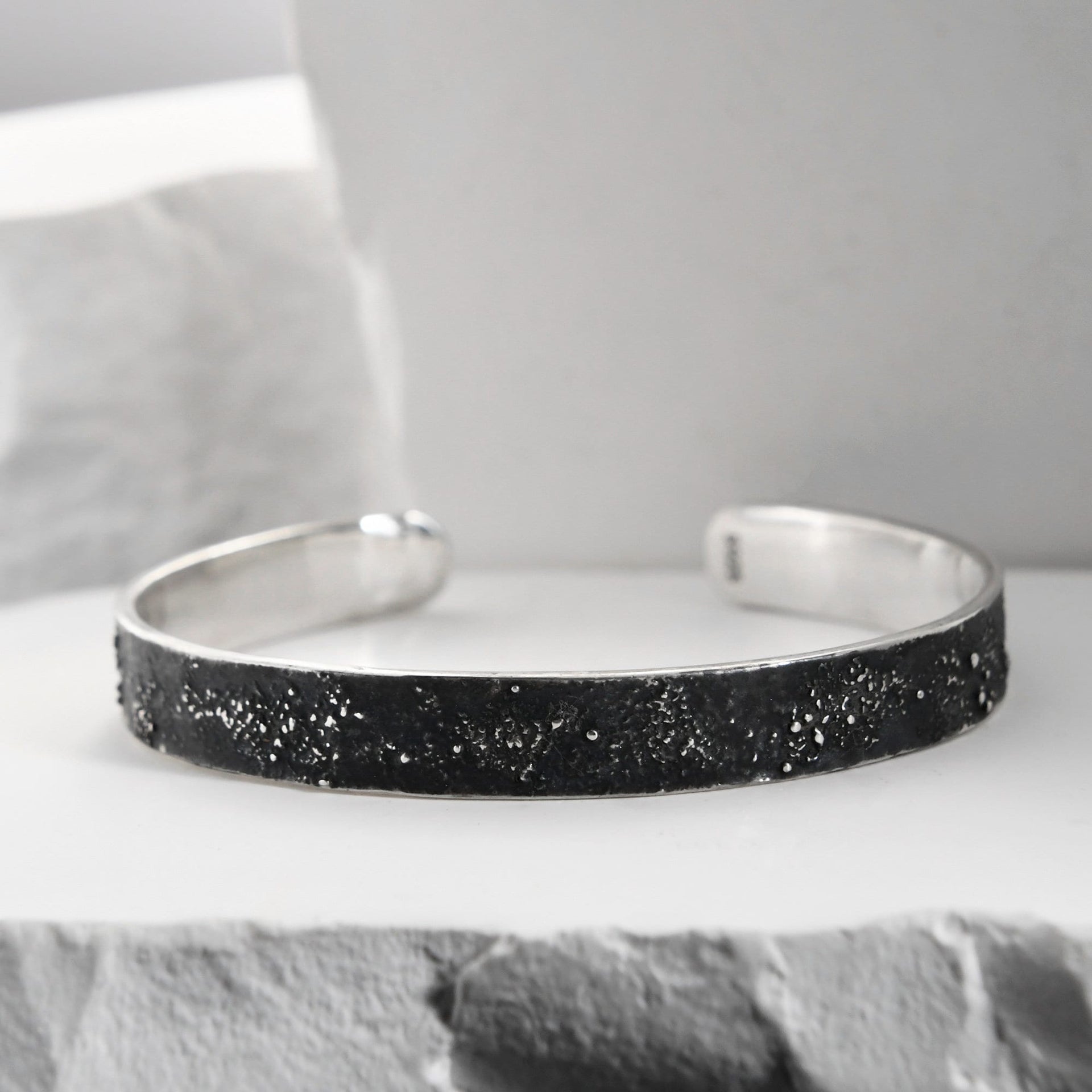 8mm silver galaxy texture cuff bracelet handmade by YophieMade