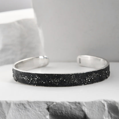 Silver Fusing Lava Galaxy Cuff Bracelet Adjustable Gunmetal Grey Rustic Fusing Celestial Band Engraved Galaxy and Star Design