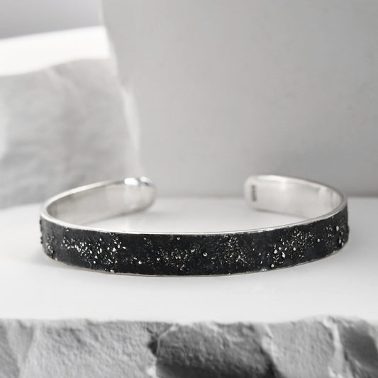 Silver Fusing Lava Galaxy Cuff Bracelet Adjustable Gunmetal Grey Rustic Fusing Celestial Band Engraved Galaxy and Star Design