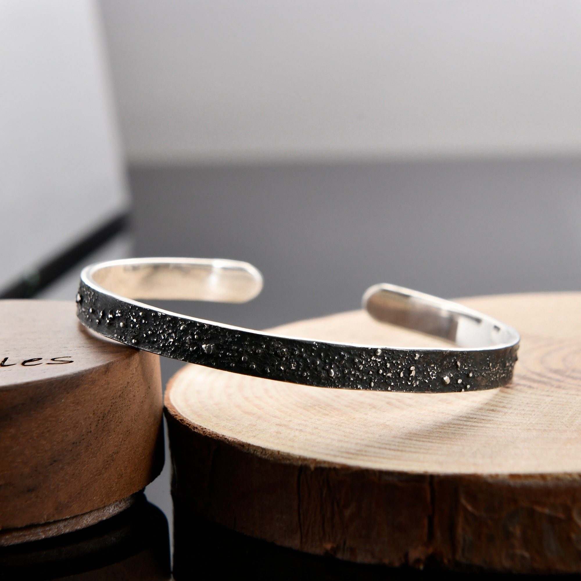 Silver Fusing Lava Galaxy Cuff Bracelet 6MM Adjustable Gunmetal Grey Rustic Fusing Celestial Band Engraved Galaxy and Star Design
