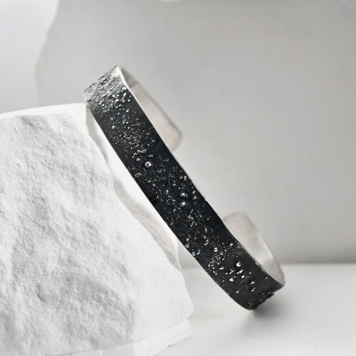 Silver Fusing Lava Galaxy Cuff Bracelet 10MM Adjustable Gunmetal Grey Rustic Fusing Celestial Band Engraved Galaxy and Star Design