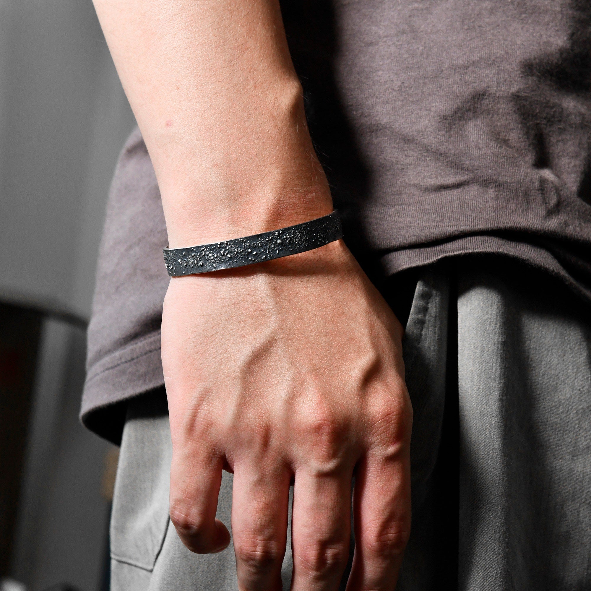 Silver Fusing Lava Galaxy Cuff Bracelet 10MM Adjustable Gunmetal Grey Rustic Fusing Celestial Band Engraved Galaxy and Star Design
