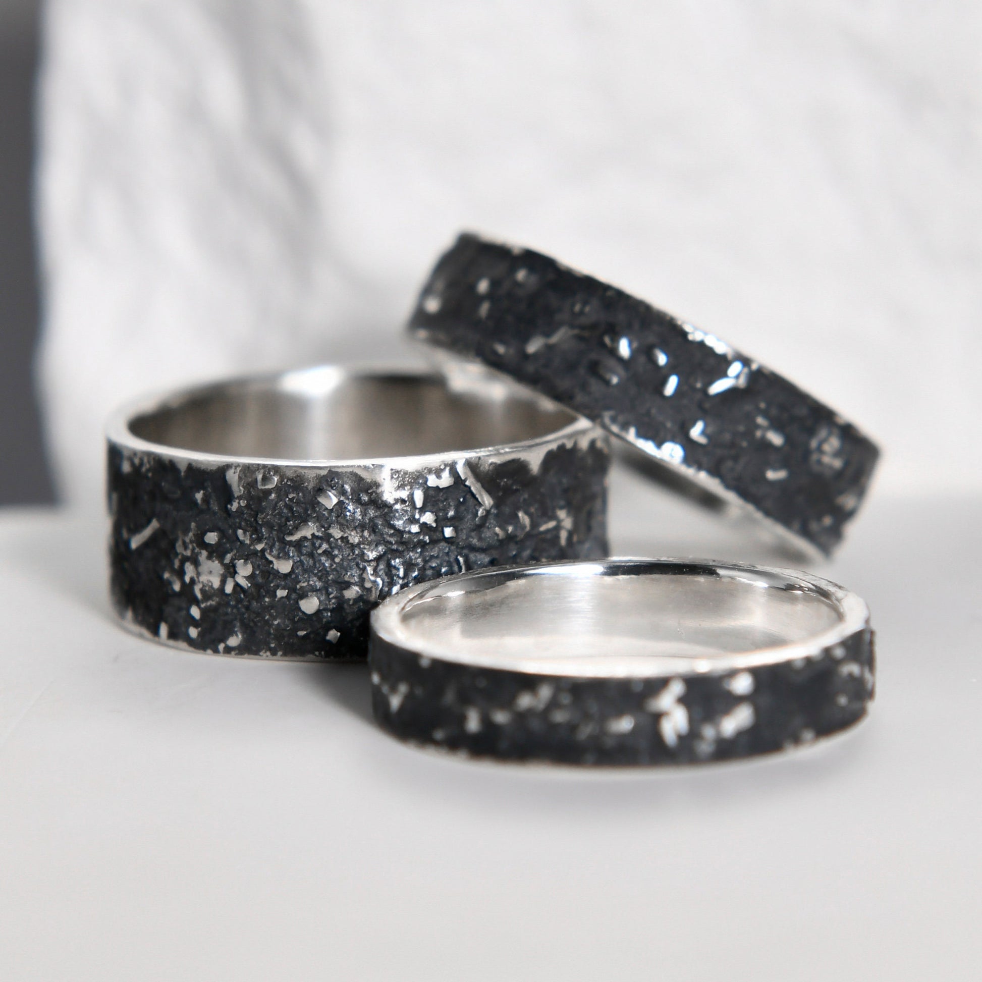 Silver Fusing Lava Galaxy Ring 6MM Gunmetal Grey Rustic Fusing Celestial Band Engraved Galaxy and Star Design