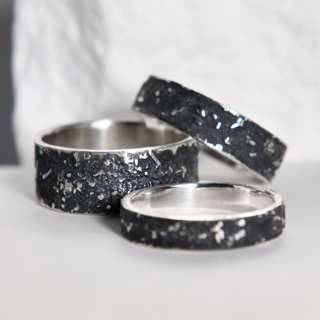 Silver Fusing Lava Galaxy Ring 4MM Gunmetal Grey Rustic Fusing Celestial Band Engraved Galaxy and Star Design