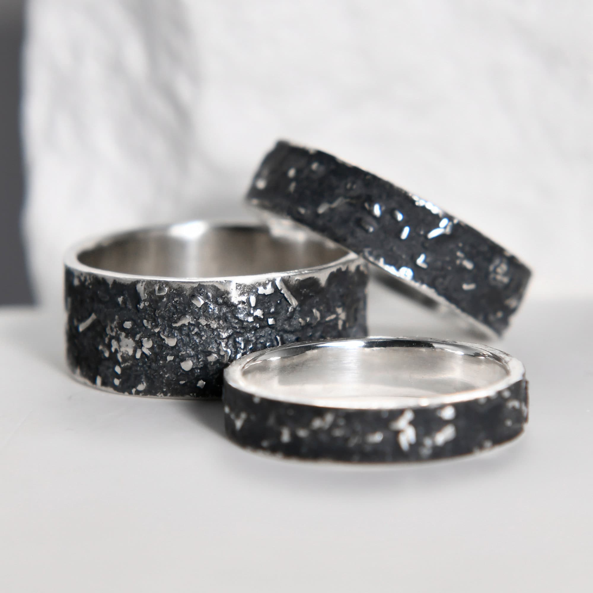 Silver Fusing Lava Galaxy Ring 4MM Gunmetal Grey Rustic Fusing Celestial Band Engraved Galaxy and Star Design