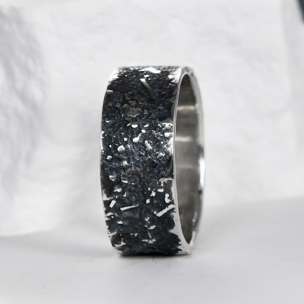 Silver Fusing Lava Galaxy Ring 8MM Gunmetal Grey Rustic Fusing Celestial Band Engraved Galaxy and Star Design
