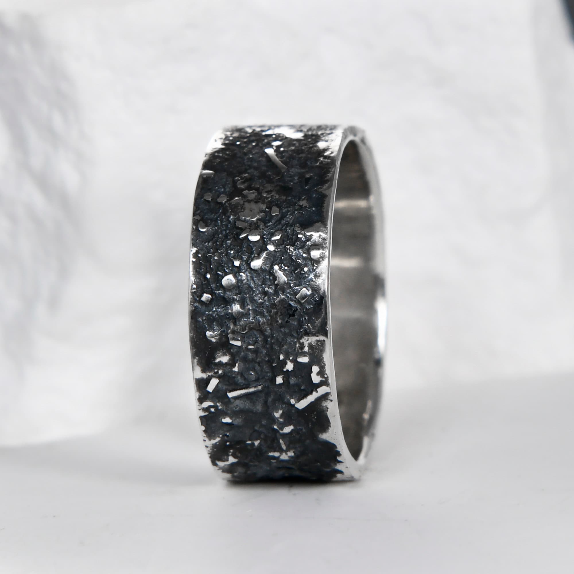 Silver Fusing Lava Galaxy Ring 8MM Gunmetal Grey Rustic Fusing Celestial Band Engraved Galaxy and Star Design