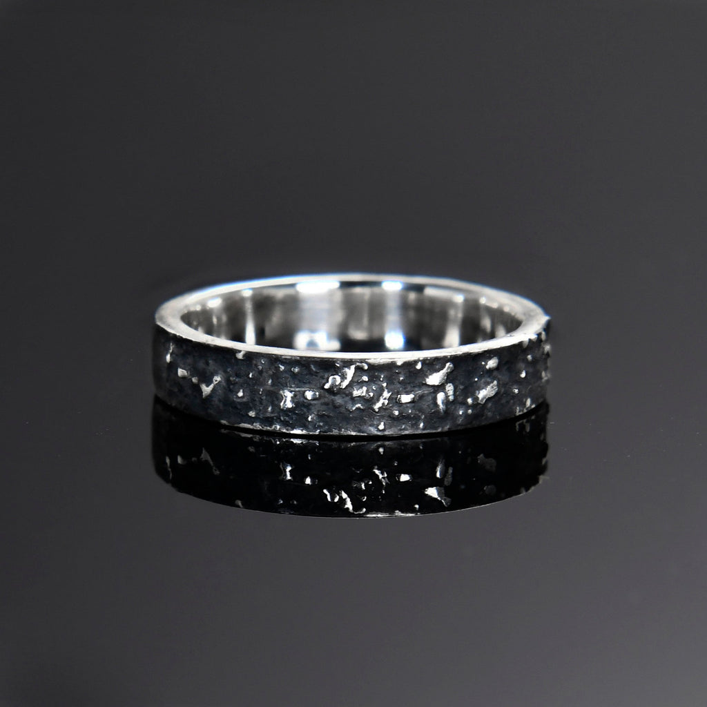 Silver Fusing Lava Galaxy Ring 4MM Gunmetal Grey Rustic Fusing Celestial Band Engraved Galaxy and Star Design