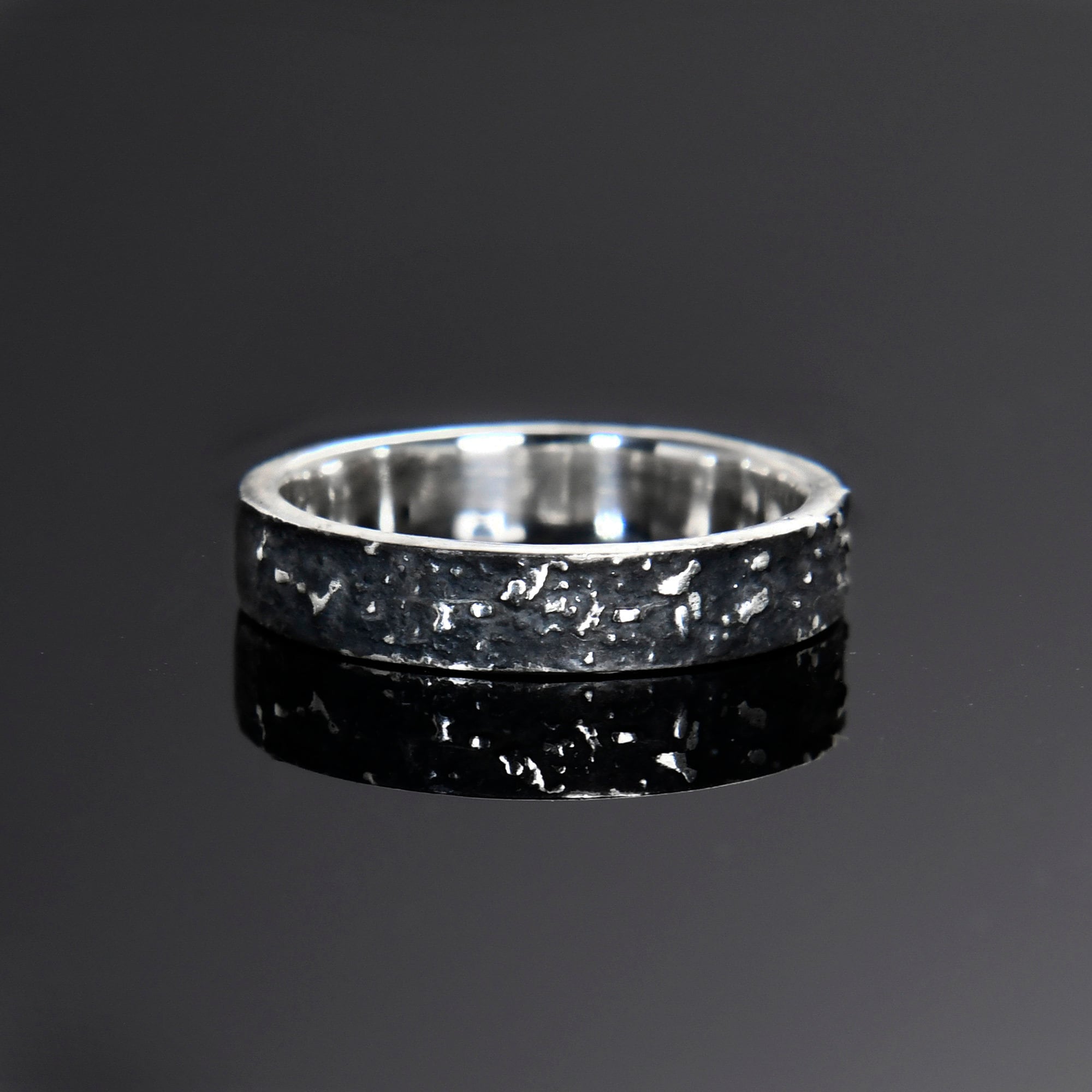 Silver Fusing Lava Galaxy Ring 4MM Gunmetal Grey Rustic Fusing Celestial Band Engraved Galaxy and Star Design