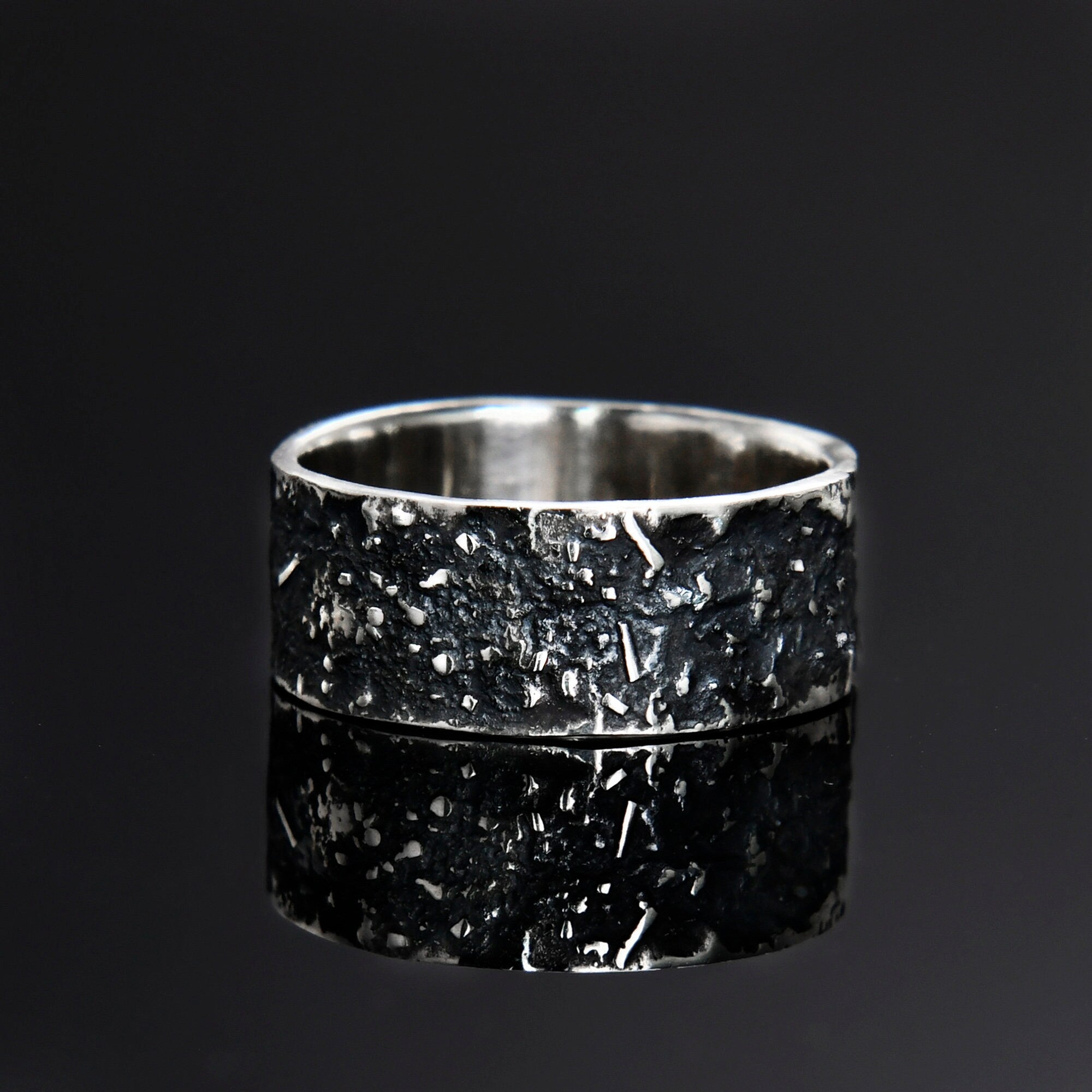 Silver Fusing Lava Galaxy Ring 8MM Gunmetal Grey Rustic Fusing Celestial Band Engraved Galaxy and Star Design