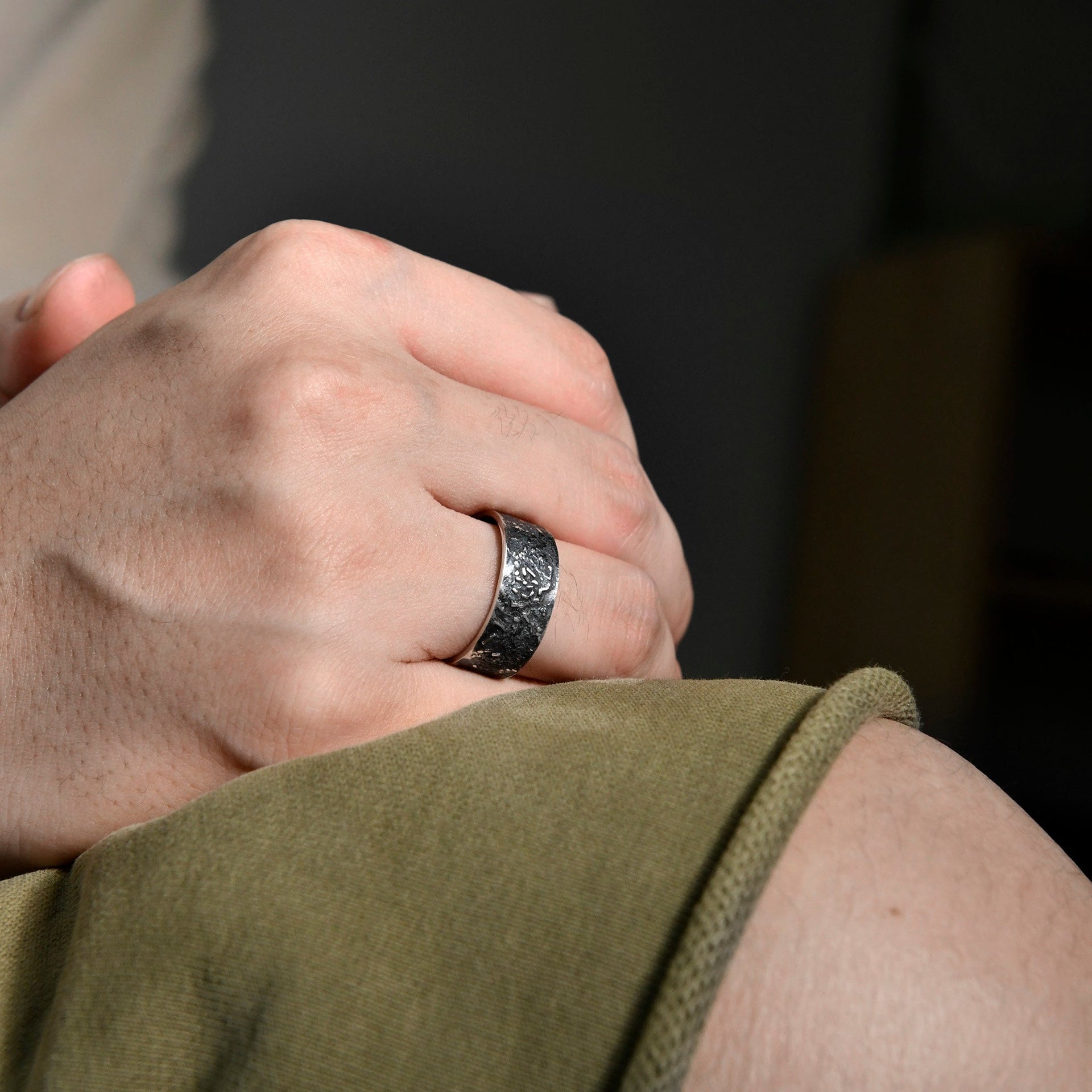Rustic sterling silver band with dark galaxy texture, made as a meaningful ring for him or her.