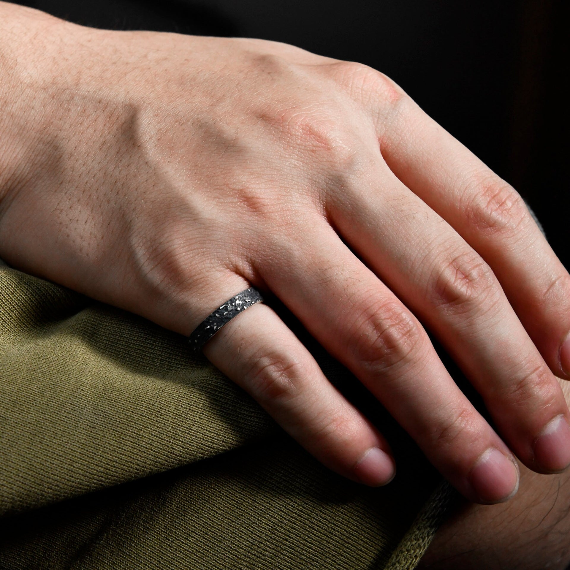 Handmade 4mm gunmetal grey silver ring with celestial-inspired texture for everyday stacking.