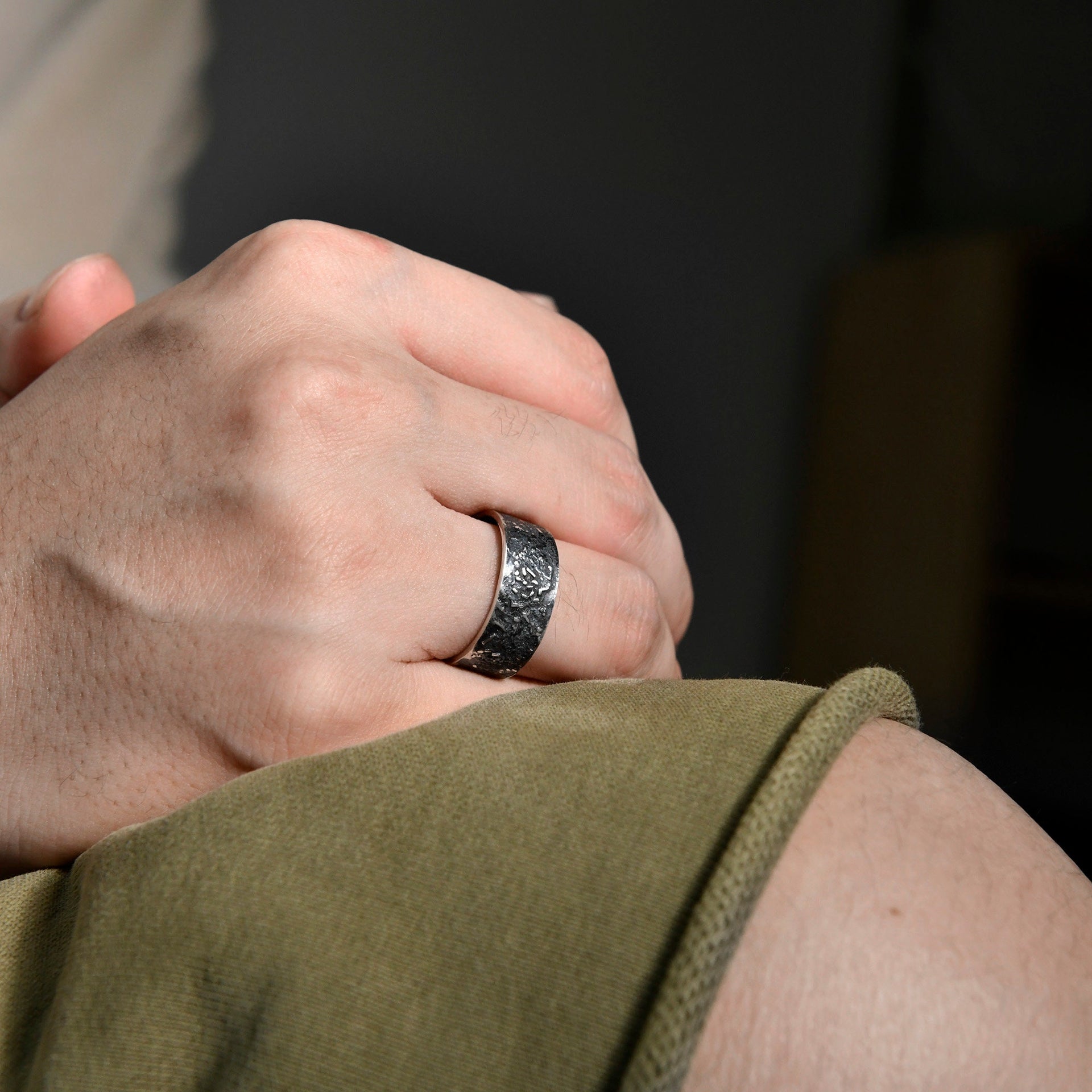 Handmade sterling silver ring set with celestial-inspired dark texture for everyday paired jewelry.