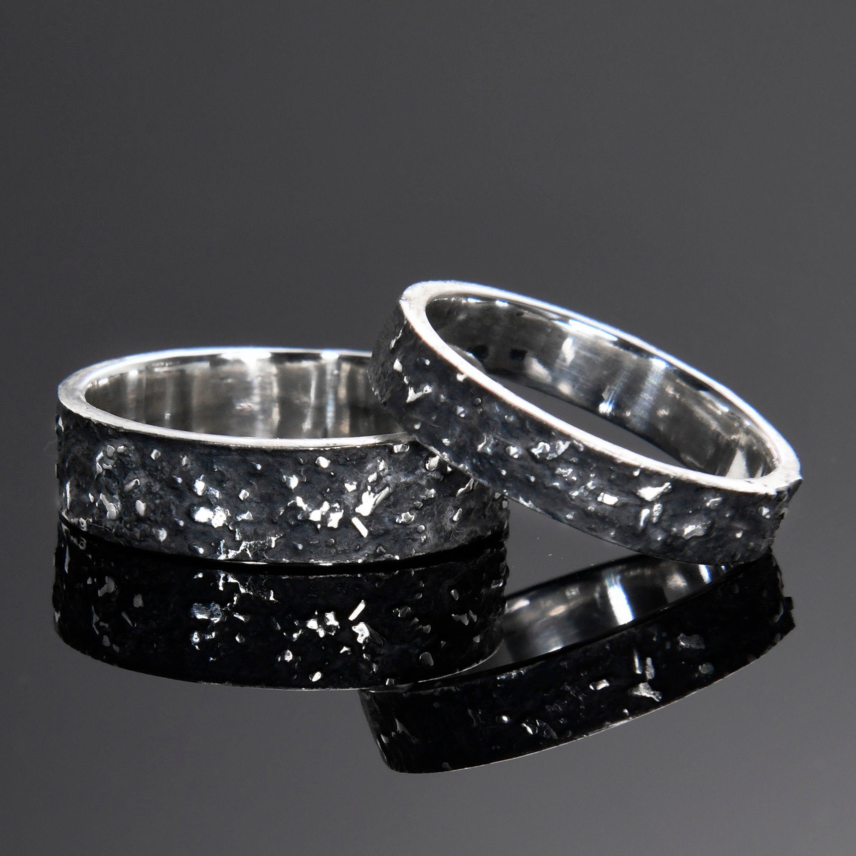 Sterling silver galaxy texture ring set with 4mm and 6mm oxidized gunmetal bands by YophieMade.