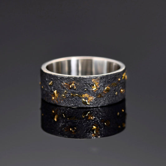 8MM Black Silver with Solid 18k Gold Fusing Lava Rustic Engagement Ring for Mens , Hand Forged Chunky ring