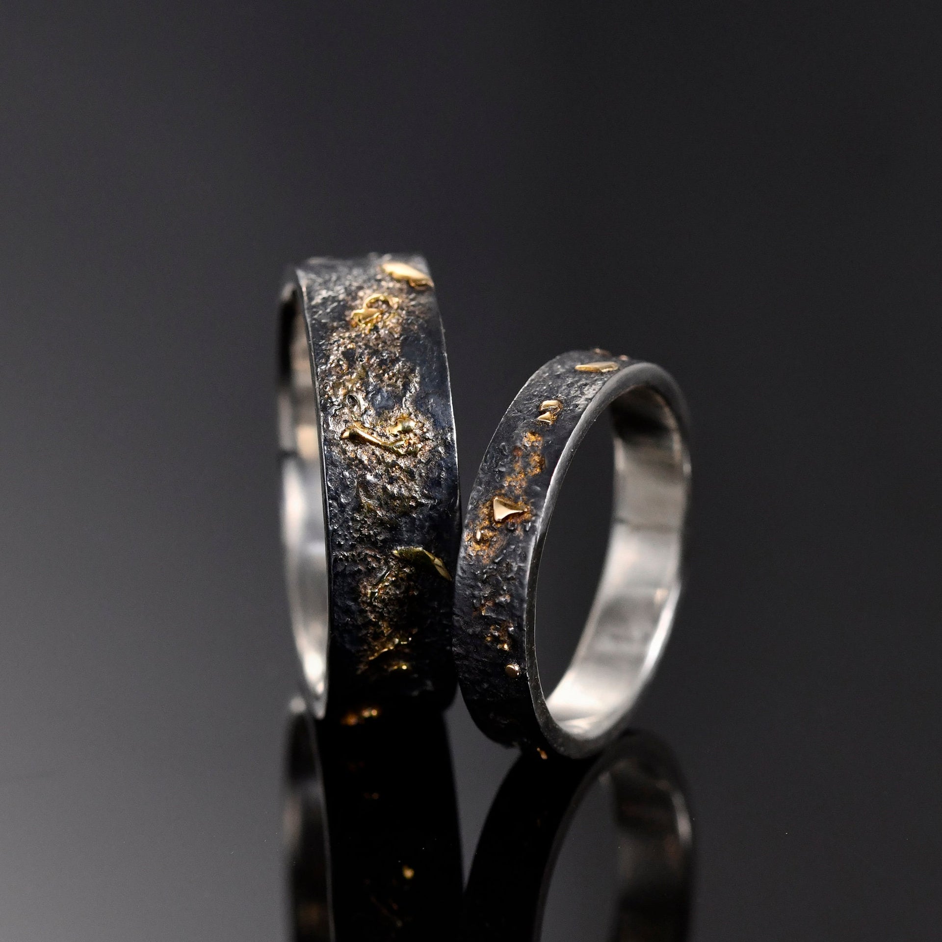 Black Silver & Solid 18k Gold Fusing Lava Rustic Ring for Couple ring set, Promise and Viking Wedding Band, Hand Forged Ring,Chunky ring