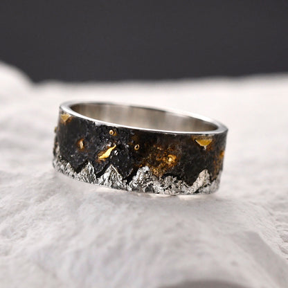 Golden Starlight Mountain Ring/18K Gold and S925 Sterling Silver/Viking Wedding Engagement Ring/Customizable Star and Mountain Promise Ring