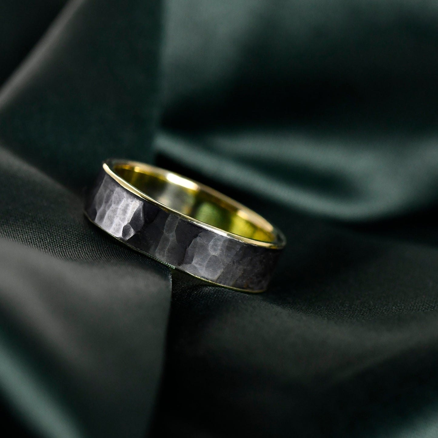 Unique Solid Sterling Silver With Solid 14k Gold lining inside Hammered Rings For Him Personalized Wedding Band