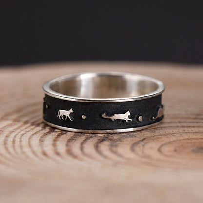 Black Solid Sterling Silver Cat Movement ring, Personalized Hammered Engagement band, for women and men's promise ring