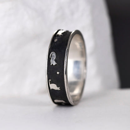 Black Solid Sterling Silver Cat Movement ring, Personalized Hammered Engagement band, for women and men's promise ring