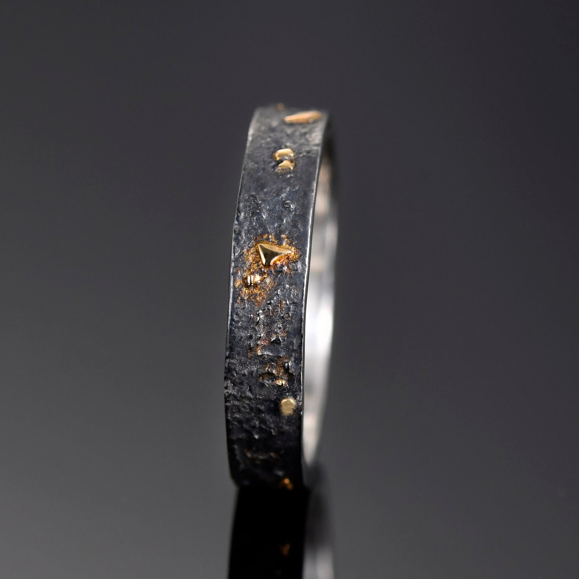 4MM Black Silver Solid 18k Gold Fusing Lava Rustic Engagement Ring for Her /Promise and Viking Wedding Hand Forged Ring