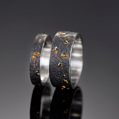 4MM Black Silver Solid 18k Gold Fusing Lava Rustic Engagement Ring for Her /Promise and Viking Wedding Hand Forged Ring