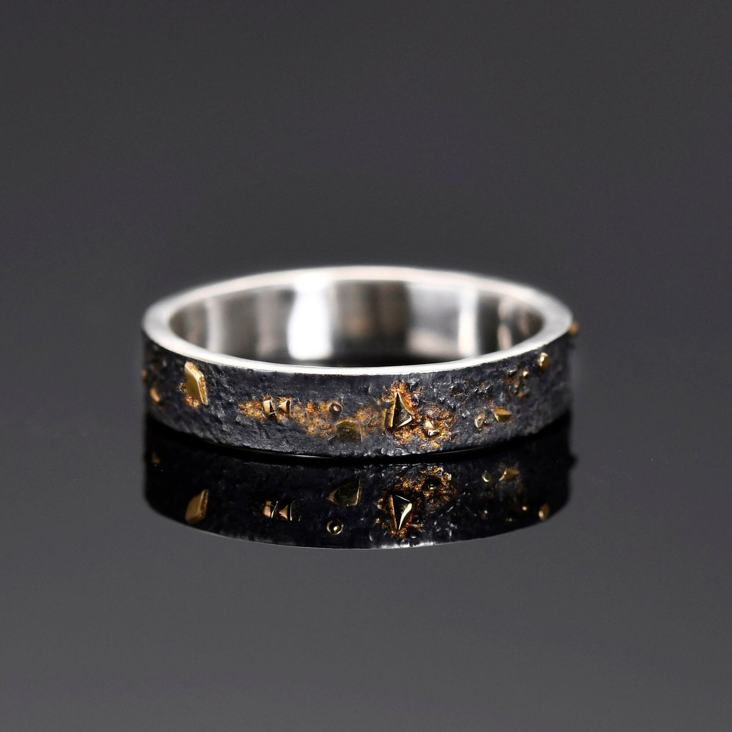 4MM Black Silver Solid 18k Gold Fusing Lava Rustic Engagement Ring for Her /Promise and Viking Wedding Hand Forged Ring