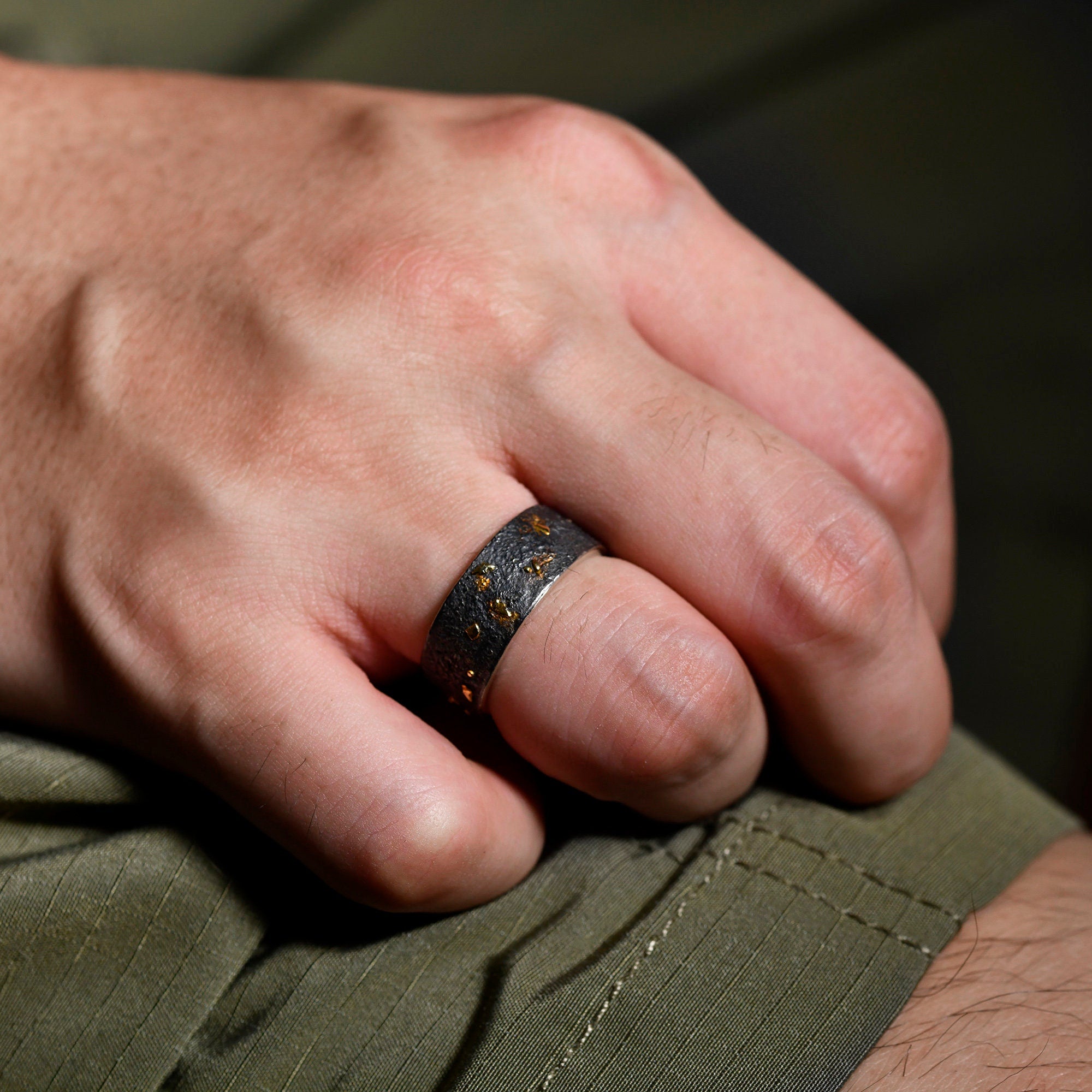 8MM Black Silver with Solid 18k Gold Fusing Lava Rustic Engagement Ring for Mens , Hand Forged Chunky ring