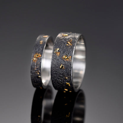 8MM Black Silver with Solid 18k Gold Fusing Lava Rustic Engagement Ring for Mens , Hand Forged Chunky ring