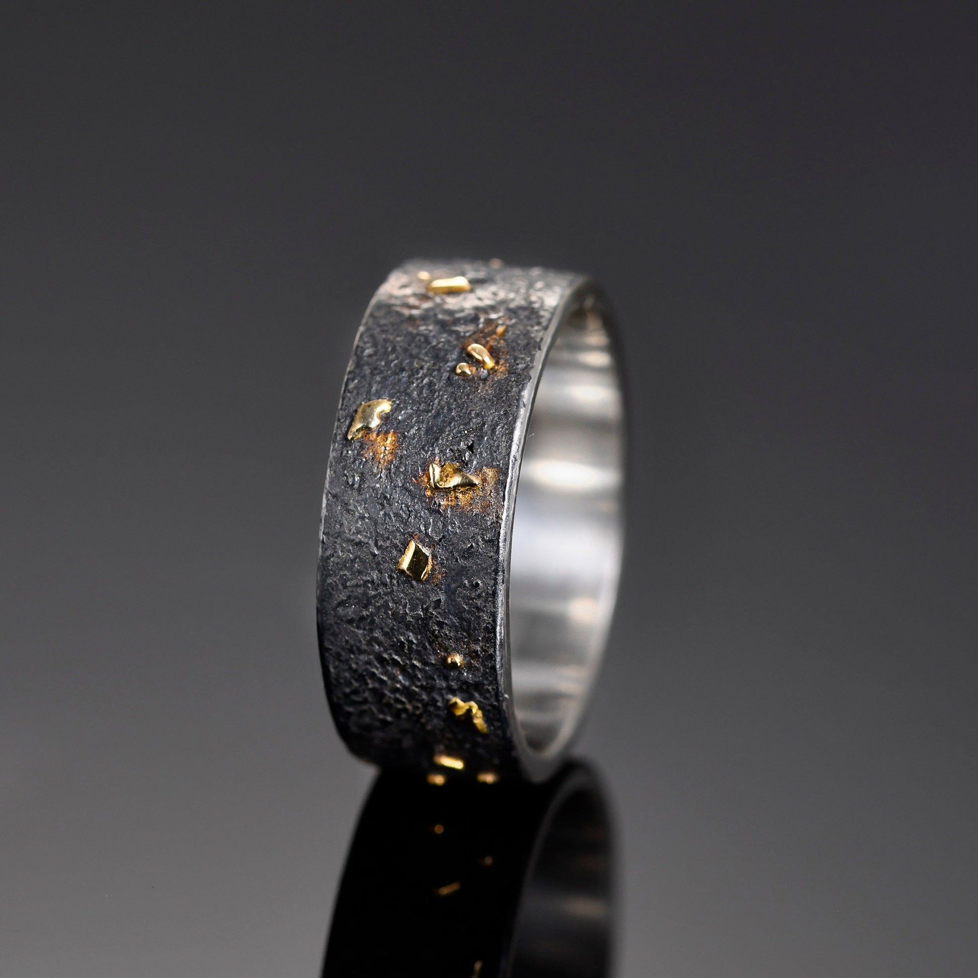 8MM Black Silver with Solid 18k Gold Fusing Lava Rustic Engagement Ring for Mens , Hand Forged Chunky ring