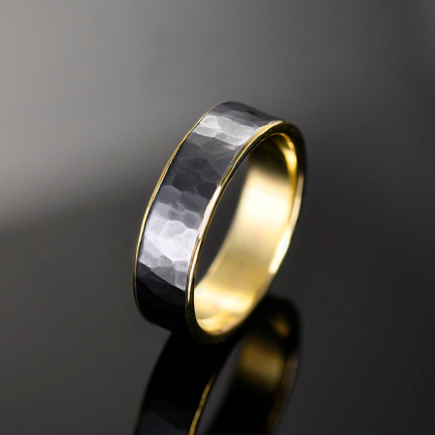 Unique Solid Sterling Silver With Solid 14k Gold lining inside Hammered Rings For Him Personalized Wedding Band