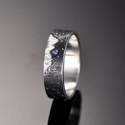 Moonstone Mountain Ring in S925 Sterling Silver | Viking Wedding Band | Chunky Hand Forged Moon and Mountain Design