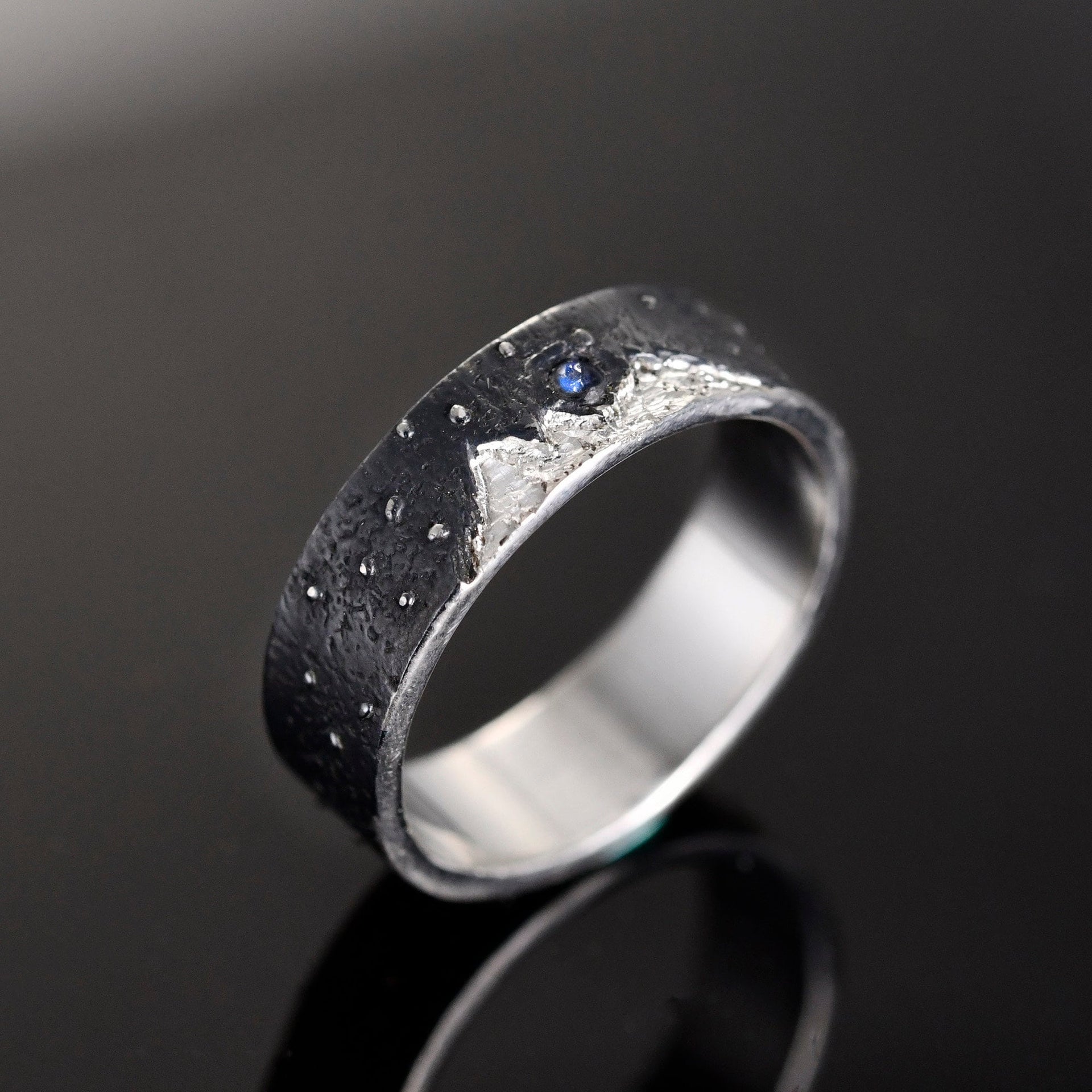 Wide moonstone mountain ring with night sky and landscape details