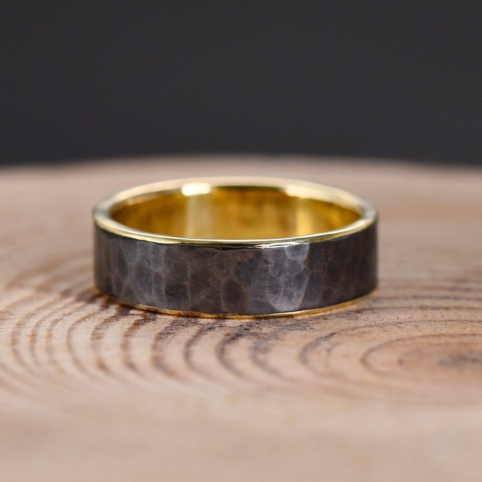 Unique Solid Sterling Silver With Solid 14k Gold lining inside Hammered Rings For Him Personalized Wedding Band