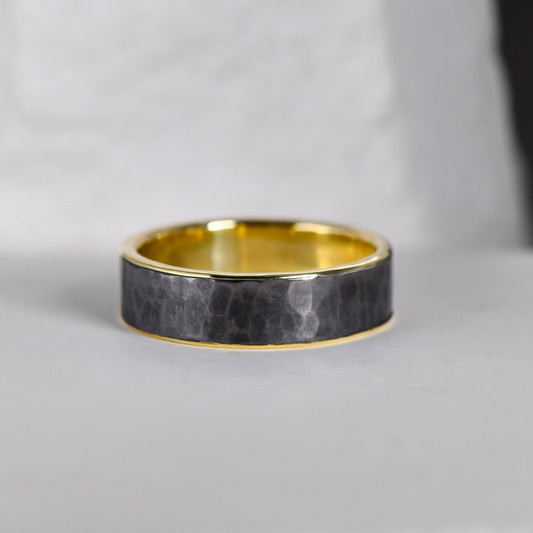 Unique Solid Sterling Silver With Solid 14k Gold lining inside Hammered Rings For Him Personalized Wedding Band