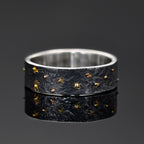 6MM Black Silver & Solid 18k Gold Star Fusing Lava Rustic Engagement Ring for Mens Promise and Viking Wedding, Hand Forged Ring,Chunky ring