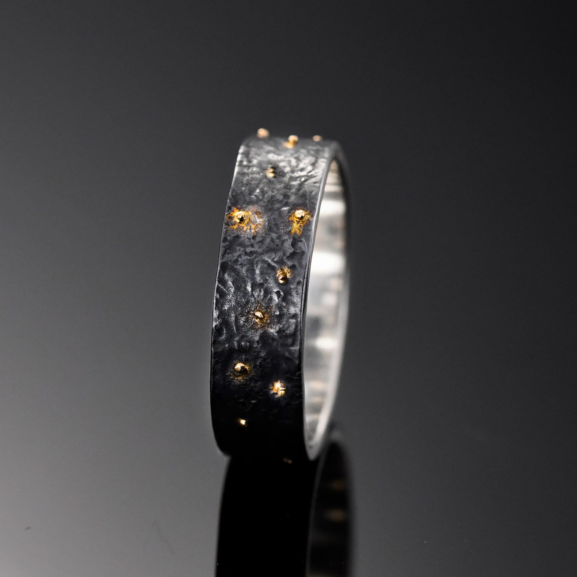 6MM Black Silver & Solid 18k Gold Star Fusing Lava Rustic Engagement Ring for Mens Promise and Viking Wedding, Hand Forged Ring,Chunky ring