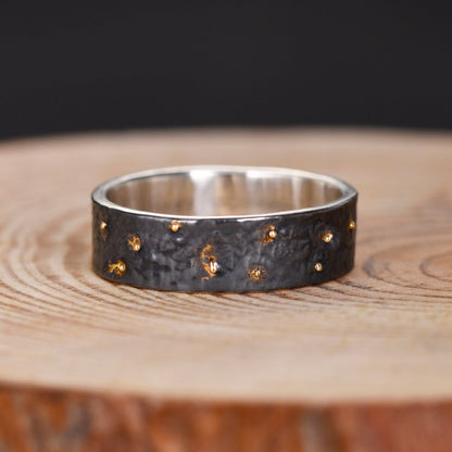 6MM Black Silver & Solid 18k Gold Star Fusing Lava Rustic Engagement Ring for Mens Promise and Viking Wedding, Hand Forged Ring,Chunky ring